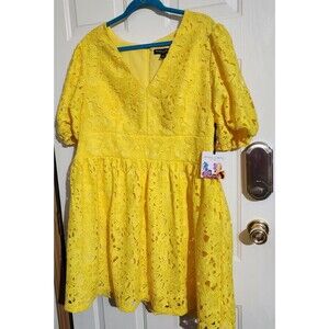 NWT PRABAL GURUNG Shoulder Puff Yellow Lace Dress Lined Size 20W